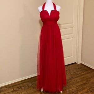 Red long bridesmaid dress with side split